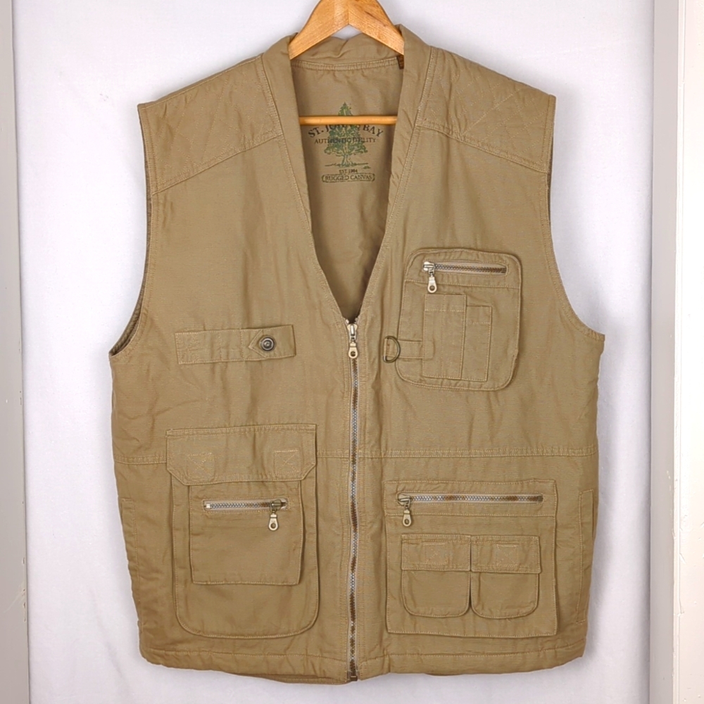 ST JOHNS BAY Men's XLT Tan Cargo Vest Fishing Hunting Trail Feild